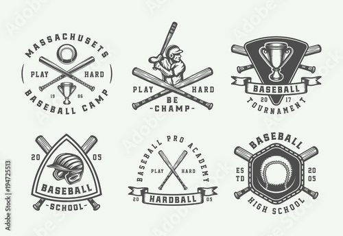 Vintage baseball sport logos, emblems, badges, marks, labels. Monochrome Graphic Art. Illustration.