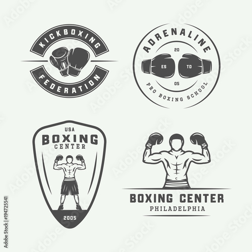 Set of vintage boxing and martial arts logo badges and labels in retro style. Monochrome graphic Art. Vector Illustration