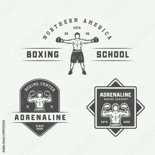 Set of vintage boxing and martial arts logo badges and labels in retro style. Monochrome graphic Art. Illustration