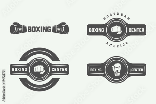 Set of vintage boxing and martial arts logo badges and labels in retro style. Monochrome graphic Art. Illustration