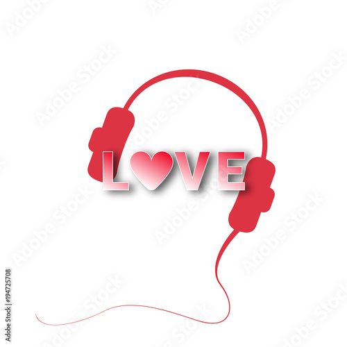 Headphones and Love text. Vector illustration
