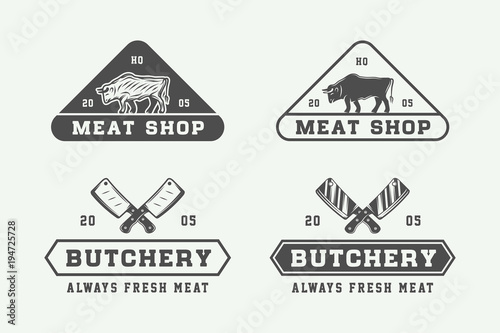 Set of vintage butchery meat, steak or bbq logos, emblems, badges, labels. Graphic Art. Vector Illustration. © AkimD