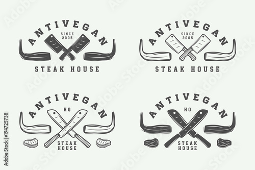 Set of vintage butchery meat, steak or bbq logos, emblems, badges, labels. Graphic Art. Illustration.