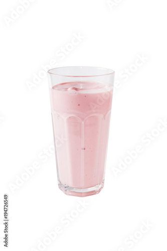 Milk cocktail with ice cream, banana and strawberry in glass, isolated on white.
