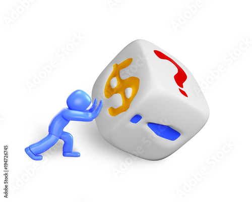 3d man pushing dice, isolated on white, 3D illustration photo