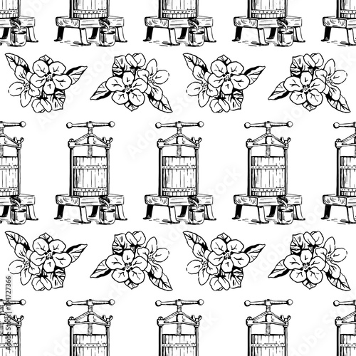 Vector seamless pattern with presses for squeezing and apple's flowers. Perfect for apple cider, juice, surface textures, wrapping paper and more creative designs. Digital illustration.