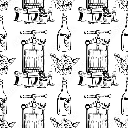 Vector seamless pattern with presses for squeezing, flowers and bottles. Perfect for apple cider, surface textures, wrapping paper and more creative designs. Digital illustration in black and white.