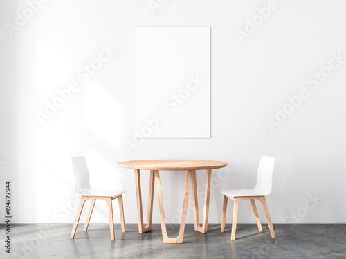 Fototapeta Naklejka Na Ścianę i Meble -  Vertical Poster Mockup with Two wooden chairs and table in empty room. 3d rendering
