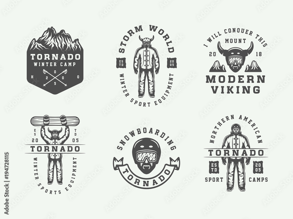 Fototapeta premium Set of vintage snowboarding, ski or winter sports logos, badges, emblems and design elements. illustration. Monochrome Graphic Art.