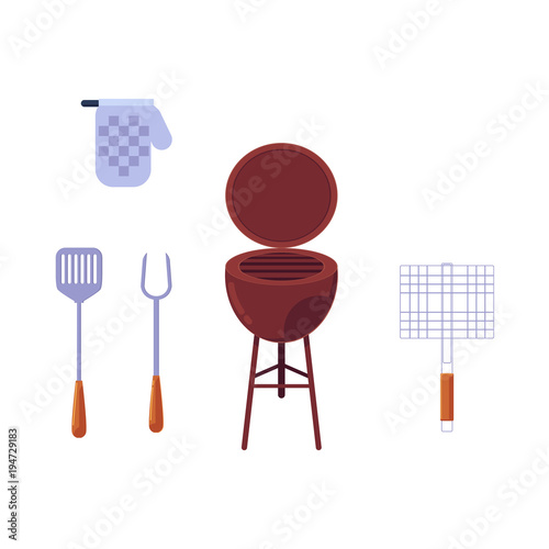 Vector flat barbecue, bbq symbols set. Kitchen tools, glove ,coal grill, grilling basket, steel grid icon. Restaurant menu design elements, isolated illustration on a white background