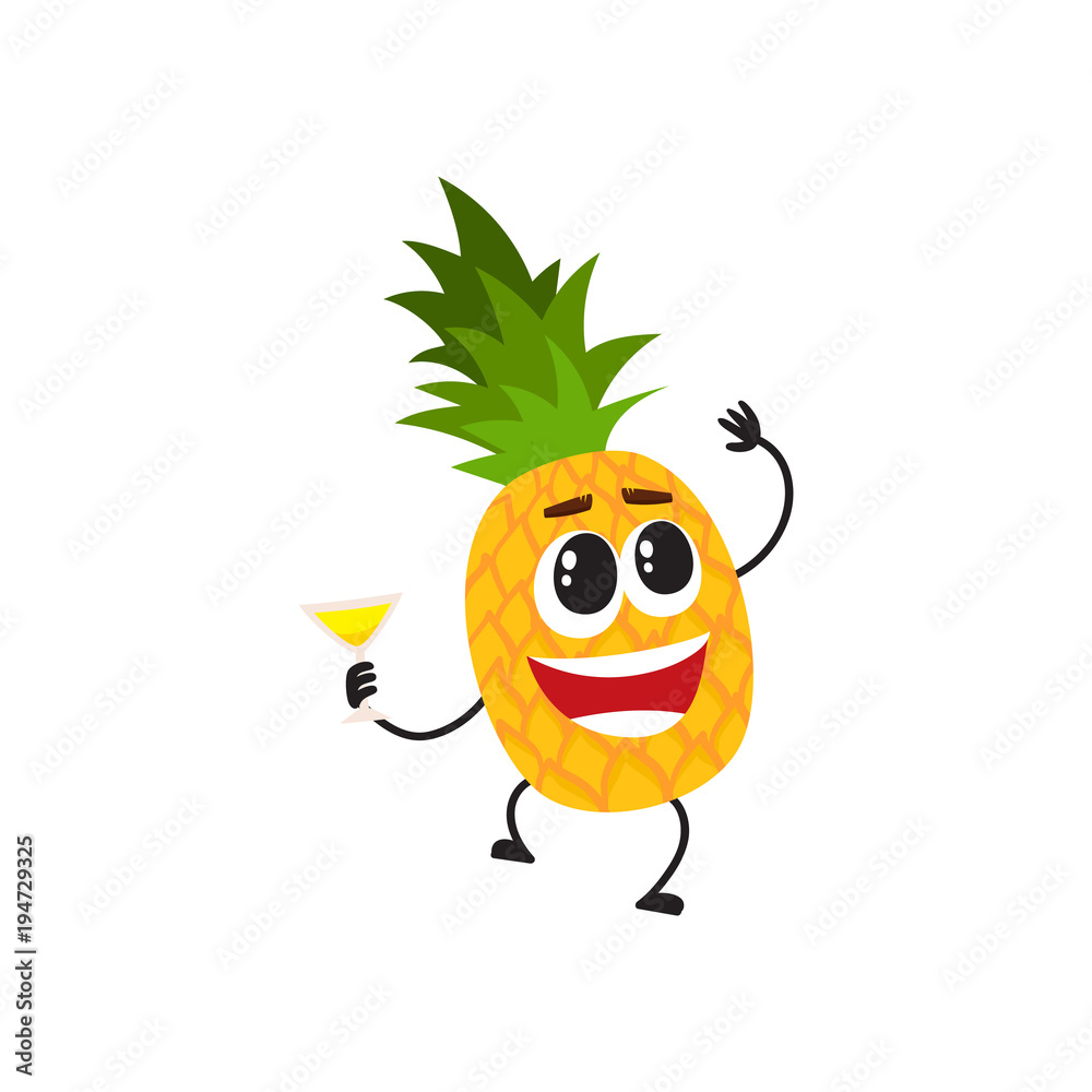 Funny pineapple character with human face and cocktail glass having fun at  party, cartoon vector illustration isolated on white background. Pineapple  character dancing at party with cocktail glass Stock Vector | Adobe