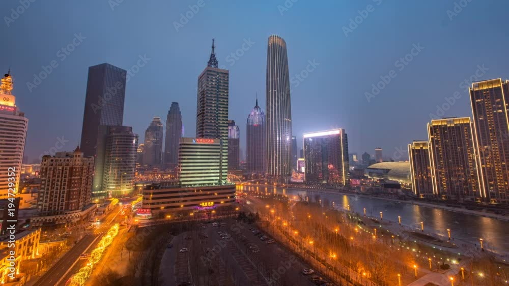 Time lapse of Tianjin skyline from day to night in winter Time lapse of Tianjin skyline from day to night in winter
