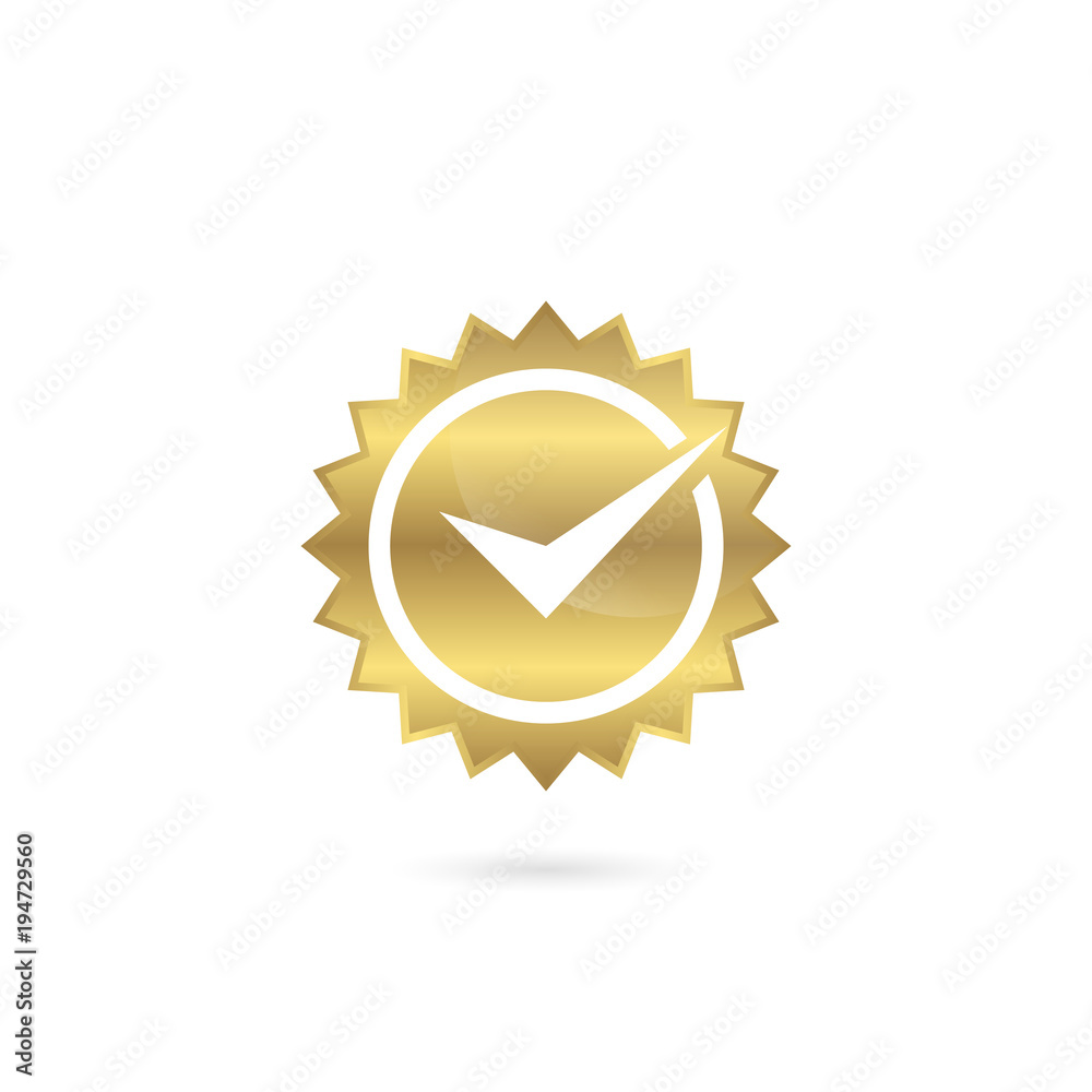 Tick checkered seal icon gold color isolated in white background Tick checkered seal icon gold color isolated in white background