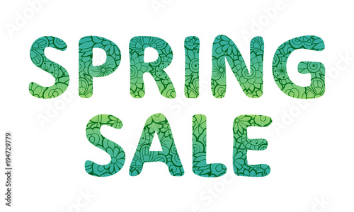 Spring sale lettering. Green letters with floral ornament inside, isolated on white background