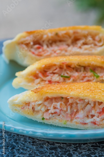 close up Home Made Grilled Crab Stick and Ebiko Sandwiches.(selective Focus) photo