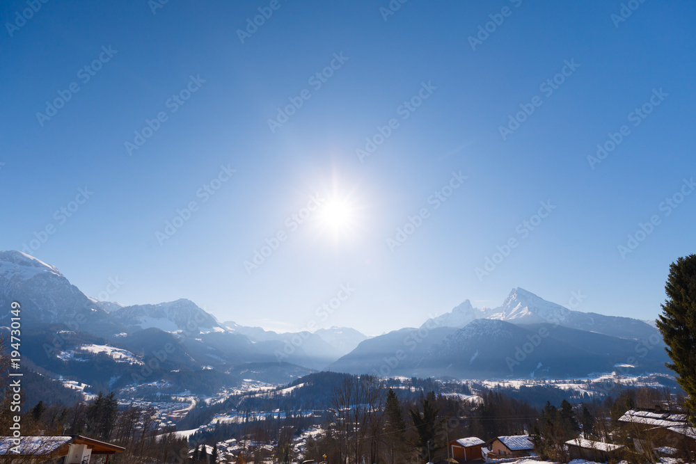 View to Watzmann on sunny winter day from Kälberstein, Berchtesgaden, Bavaria