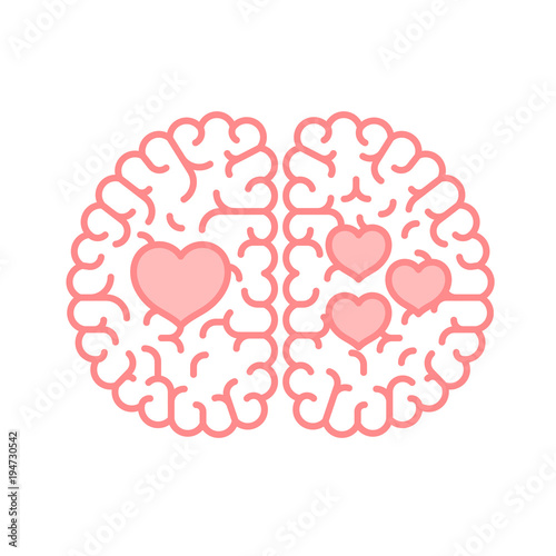 Left and Right Brain, Love concept outline stroke flat design with Heart symbol illustration isolated on white background with copy space, vector eps 10
