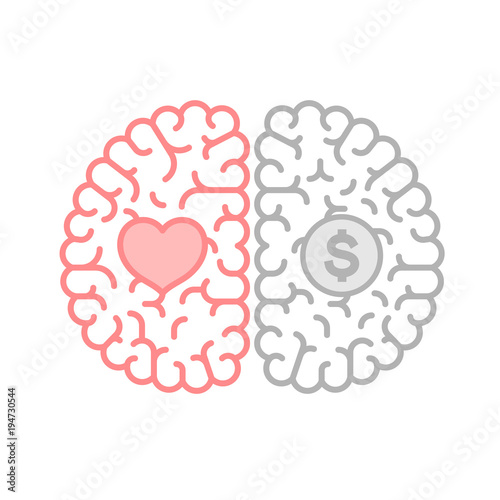 Left and Right Brain, Love concept outline stroke flat design with Heart symbol illustration isolated on white background with copy space, vector eps 10