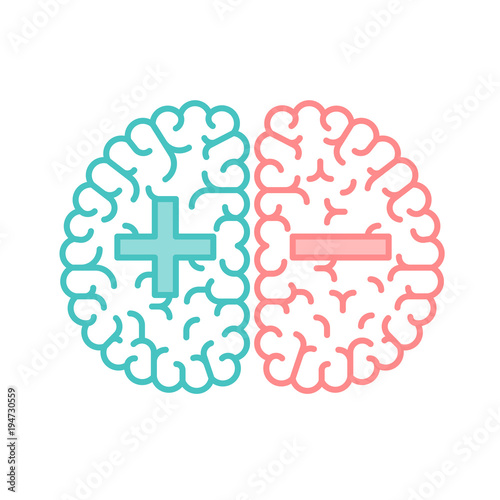 Left and Right Brain, Good and Bad concept outline stroke flat design with Plus and Minus symbol illustration isolated on white background with copy space, vector eps 10