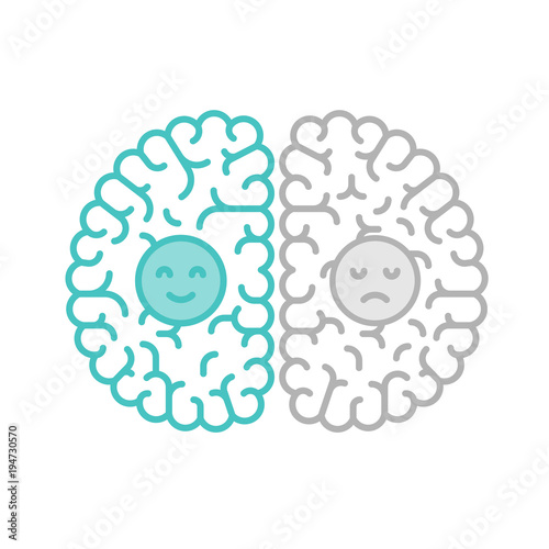 Left and Right Brain, Happy and Sad concept outline stroke flat design with Smile and Sad face symbol illustration isolated on white background with copy space, vector eps 10
