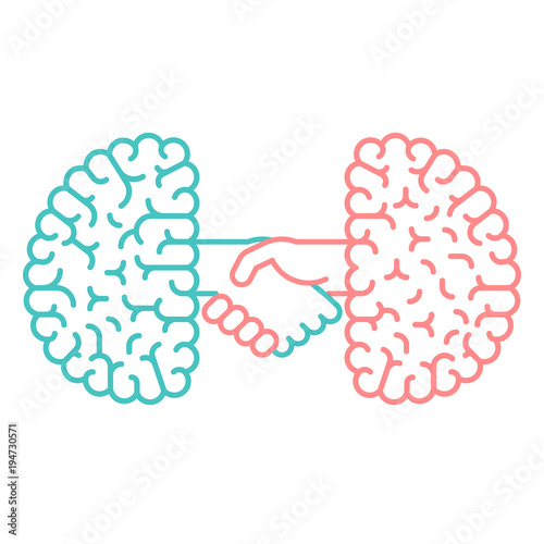 Left and Right Brain, Brainstorm Handshake concept outline stroke flat design with Smile and Angry face symbol illustration isolated on white background with copy space, vector eps 10