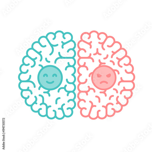 Left and Right Brain, Happy and Moody concept outline stroke flat design with Smile and Angry face symbol illustration isolated on white background with copy space, vector eps 10