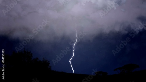 Dramatic nature background, electric firebolts strike from clouds to ground