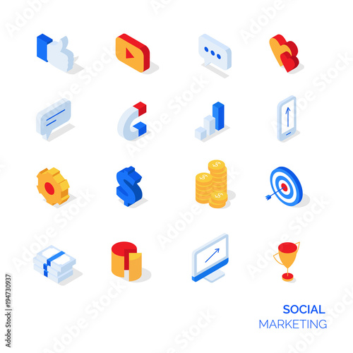 Isometric social marketing icons set. 3D icons in flat colors