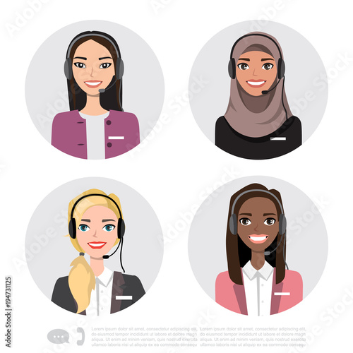 Vector icons set multiracial female call center avatars in a cartoon style with a headset, conceptual of communication