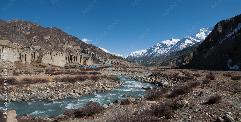 The wide river valley at Manang The wide river valley at Manang