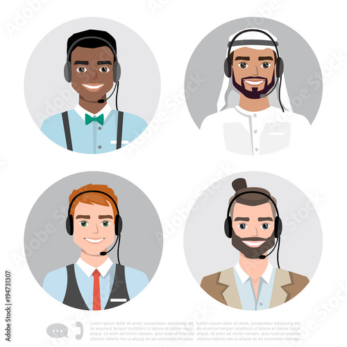 Vector icons set multiracial male call center avatars in a cartoon style with a headset, conceptual of communication