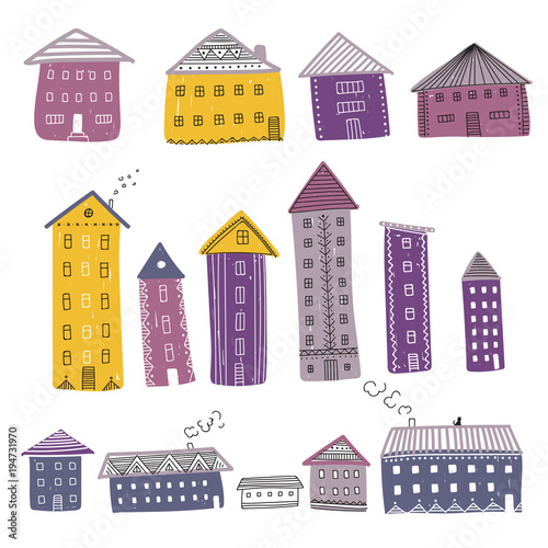 Vector set of colorful buildings decorated with ornaments