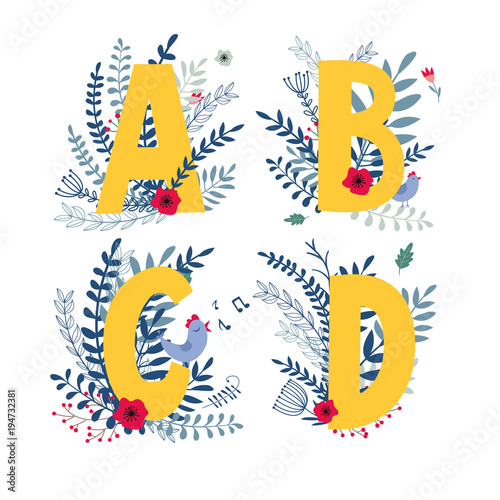 Floral alphabet, letter a, b, c, d set