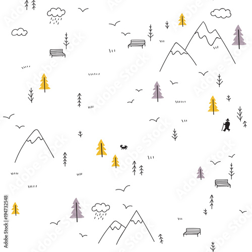 Vector seamless pattern with man walking in mountains