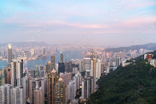 Hong Kong tower on sundown bird eye view from kowloon at victoria peak tower the famous view point of hongkong © godshutter