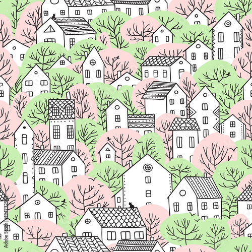 trees and houses seamless pattern spring light green colors