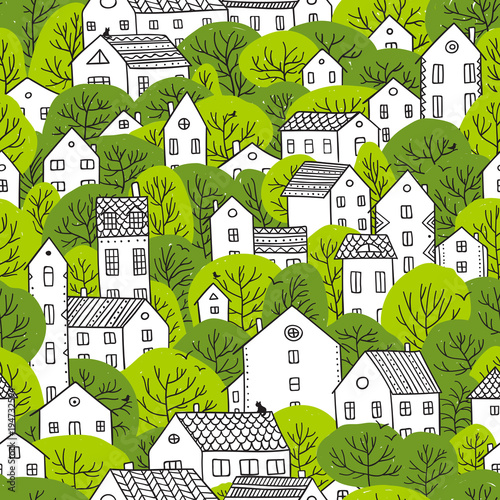 trees and houses seamless pattern spring light green colors