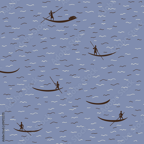 Abstract vector seamless pattern with Asian man on boat