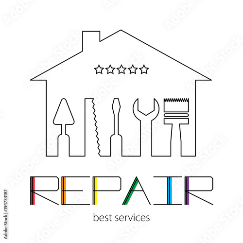 Silhouette of a house with tools for repair. Logo of Repair Home with coloful lettering on the white background.  Stock vector. Flat design. Vector illustration EPS10.