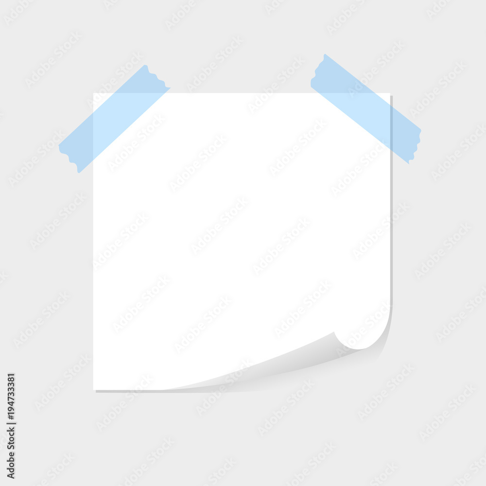 Note paper stuck by blue sticky tape, sellotape with space for text or message on grey background. List, sheet, blank.