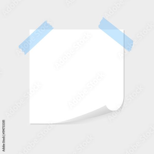 Note paper stuck by blue sticky tape, sellotape with space for text or message on grey background. List, sheet, blank.