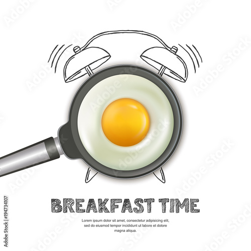 Vector realistic illustration of pan with fried egg and hand drawn alarm clock isolated on white background. Top view food on dark background. Creative design for breakfast menu, cafe, restaurant.