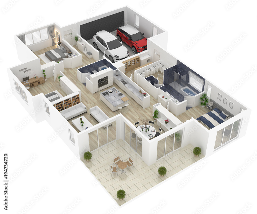 Floor plan of a house top view 3D illustration. Open concept living house  layout ilustración de Stock | Adobe Stock