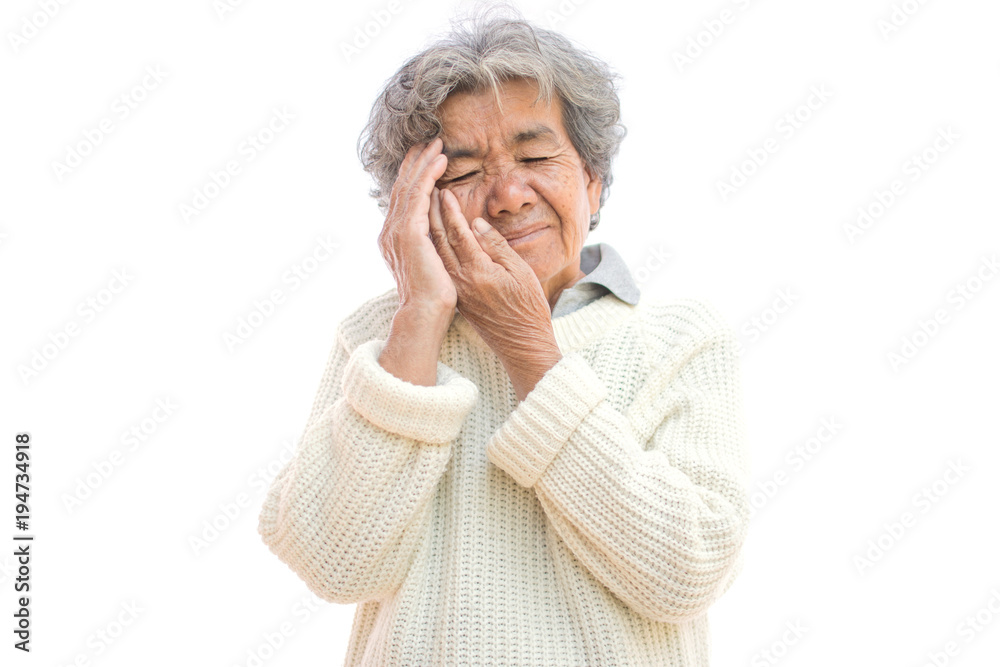 Old woman headache on white background,Illness of the elderly problem concept Old woman headache on white background,Illness of the elderly problem concept