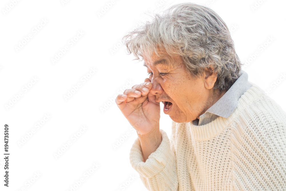Old woman cough on white background ,Illness of the elderly problem concept