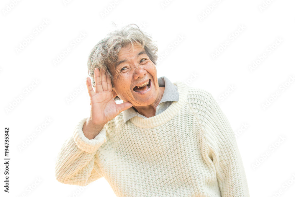 Happy Asian old woman smiling and joyful on white background Happy Asian old woman smiling and joyful on white background