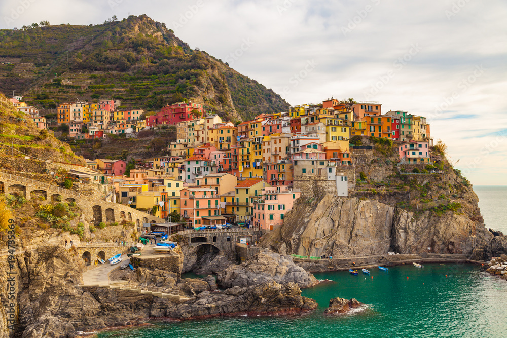 Stunning view of the beautiful and cozy village of Manarola in the Cinque Terre National park, Liguria, Italy