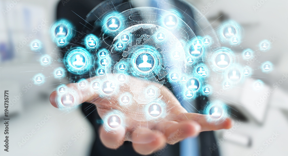 Businessman using social network interface 3D rendering Businessman using social network interface 3D rendering