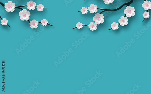 Floral background decorated blooming cherry flowers branch, bright blue backdrop for spring time season design. Banner, poster, flyer with place for your text. Paper cut out style, vector illustration
