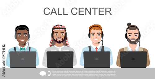 Vector icons set multiracial male call center avatars in a cartoon style with a headset, conceptual of communication